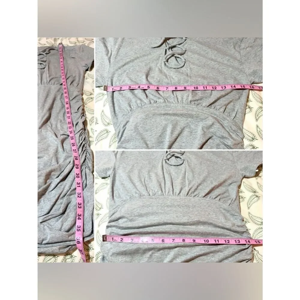 Anthropologie Field Play Short-Sleeve Ruched Mini Dress Lace-Up Gray M NWT - Picture 13 of 13